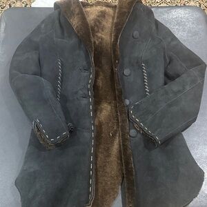 Vintage sheep skin Women's Black and Brown Pea Coat